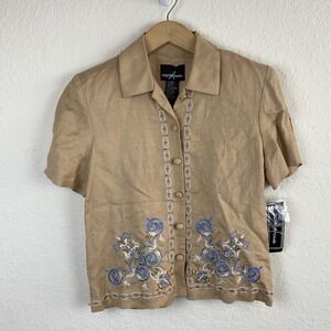 Vtg Size 6 Embroidered Shirt Cottagecore Beige Linen Floral Heritage Button Poet